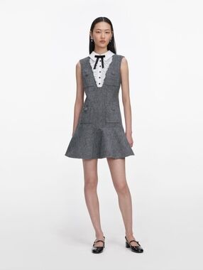 SELF-PORTRAIT Grey Herringbone Lace Bib Mini Dress
